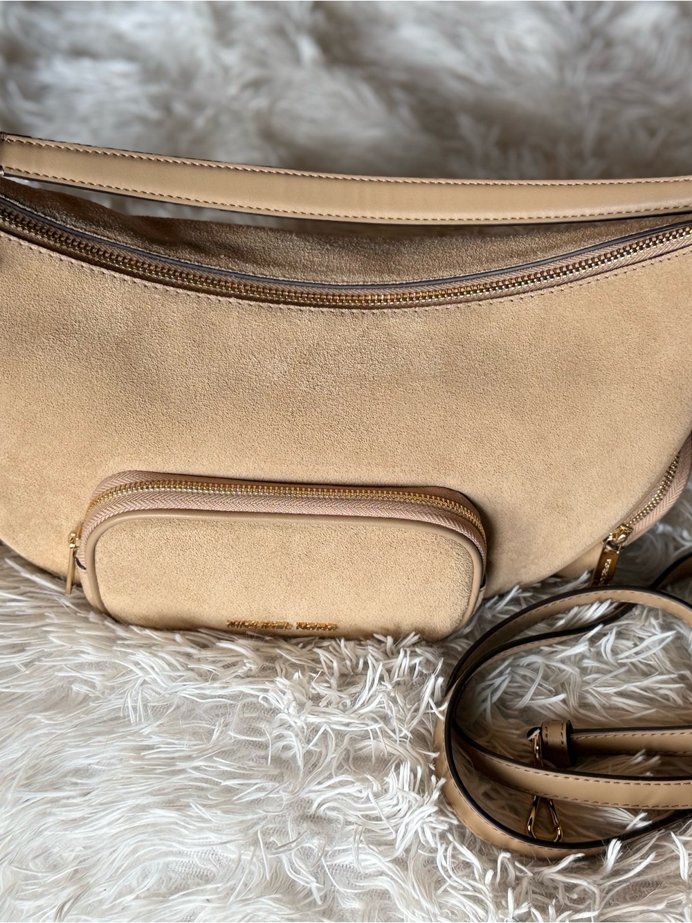 Michael Kors Tan Suede Shoulder Bag with Front Pouch